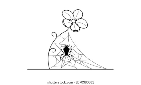 Spiders on Web with white Background. Flower Plant Brunch Halloween Background Design Element. Spooky, Scary Horror Decoration Vector