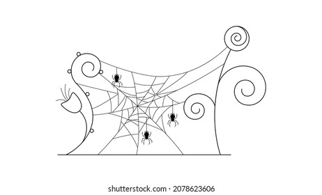 Spiders on Web with white Background. Flower Plant Brunch Halloween Background Design Element. Spooky, Scary Horror Decoration Vector