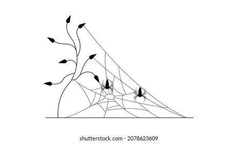 Spiders on Web with white Background. Flower Plant Brunch Halloween Background Design Element. Spooky, Scary Horror Decoration Vector