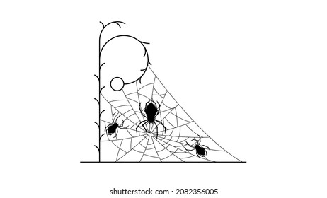 Spiders on Web with white Background. Flower Plant Brunch Halloween Background Design Element. Spooky, Scary Horror Decoration Vector