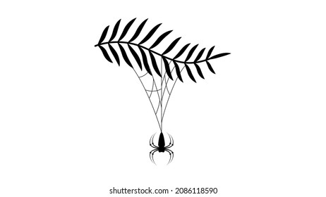 Spiders on Web with white Background. Flower Plant Brunch Halloween Background Design Element. Spooky, Scary Horror Decoration Vector
