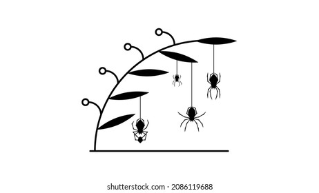 Spiders on Web with white Background. Flower Plant Brunch Halloween Background Design Element. Spooky, Scary Horror Decoration Vector