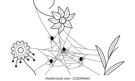 Spiders on Web with white Background. Flower Plant Brunch Halloween Background Design Element. Spooky, Scary Horror Decoration Vector
