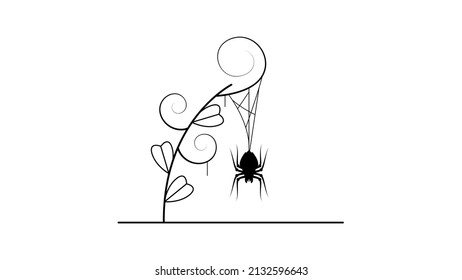 Spiders on Web with white Background. Flower Plant Brunch Halloween Background Design Element. Spooky, Scary Horror Decoration Vector