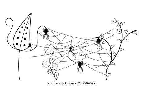 Spiders on Web with white Background. Flower Plant Brunch Halloween Background Design Element. Spooky, Scary Horror Decoration Vector