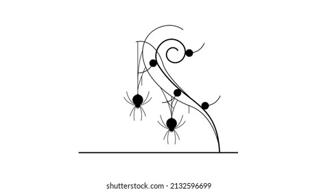 Spiders on Web with white Background. Flower Plant Brunch Halloween Background Design Element. Spooky, Scary Horror Decoration Vector