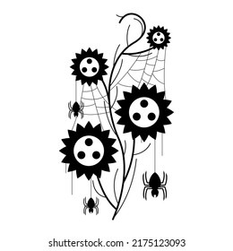 Spiders on Web with white Background. Flower Plant Brunch Halloween Background Design Element. Spooky, Scary Horror Decoration Vector