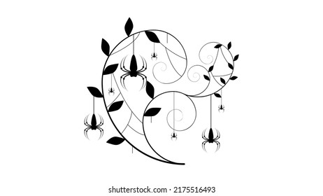 Spiders on Web with white Background. Flower Plant Brunch Halloween Background Design Element. Spooky, Scary Horror Decoration Vector