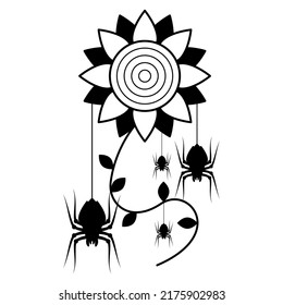 Spiders on Web with white Background. Flower Plant Brunch Halloween Background Design Element. Spooky, Scary Horror Decoration Vector