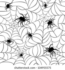 Spiders on  Webs seamless pattern on white background repeats seamlessly.