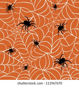 Spiders on  Webs seamless pattern on orange background repeats seamlessly.