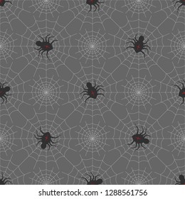 Spiders on Webs seamless pattern on gray background. halloween print