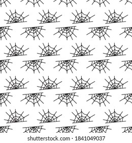 Spiders on Webs seamless pattern on white background repeats seamlessly.