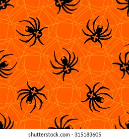 Spiders on Webs seamless pattern on orange background