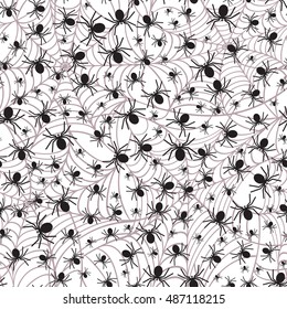 Spiders on webs seamless pattern. Black spiders silhouette on white background. Halloween background. Vector illustrations.