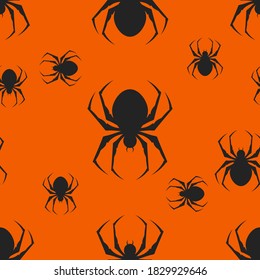 Spiders seamless pattern crawling on an orange background. Halloween concept. Flat style.