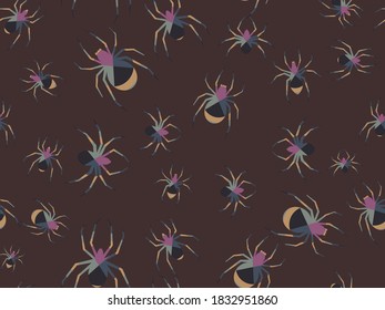 Spiders seamless pattern of different colors. Halloween background with scary spiders, design for printing on flyers, invitations and wrapping paper. Vector illustration