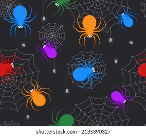 Spiders seamless pattern. Stylish repeating image for gift wrapping papaer. Insects and colorful characters for children. Graphic poster or banner for website. Cartoon flat vector illustration