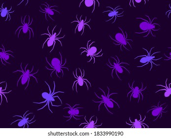 Spiders seamless pattern violet color. Halloween background with scary spiders, design for printing on flyers, invitations and wrapping paper. Vector illustration