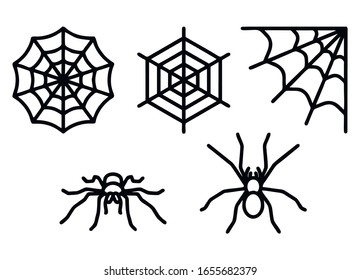 Spiders And Spider Web Set Icons Isolated On White Background. Vector Illustration