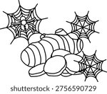Spiders weave intricate webs around a large, segmented creature. The creature has rounded, ridged segments and multiple legs. Spiders appear alert, positioned in three distinct webbed areas