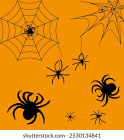 Spiders weave a web, drawing on an orange background, spiders on a web, vector drawing