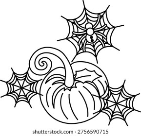 Spiders weave webs around a stylized pumpkin. Lines define the spider's legs and the web's geometry. Curved pumpkin stem adds a whimsical touch. Each web features distinct radial patterns