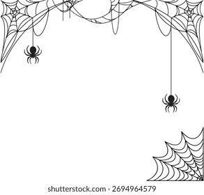 Aranhas e teia. Plano de fundo com espaço para Halloween banner com com teia de aranha e aranha. Ilustração vetorial.