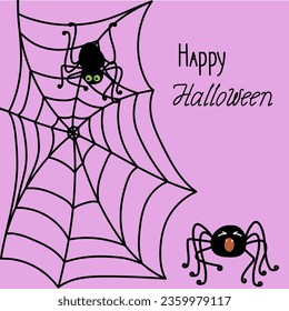 Spiders with a web and the inscription Happy Halloween. Holiday card