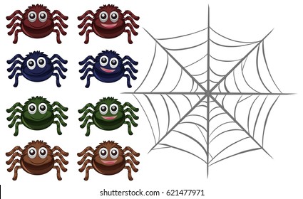 Spiders and web on white background illustration