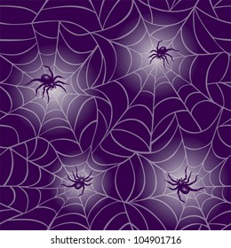Spiders and Web Pattern backlit on purple background repeats seamlessly. AI 10 .eps file contains radial gradients and transparency.