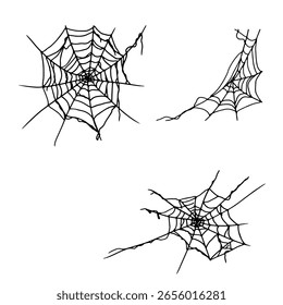 Web de la araña, conjunto de siluetas, boceto de tinta en blanco y negro. Ilustración vectorial. La decoración tradicional es una celebración de Halloween, aislada sobre un fondo blanco. Para postales, invitaciones, impresión