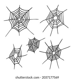 Spider's web set vector illustration. Hand drawn doodle spider's web. Halloween decor, sticker, greeting cards, textile.