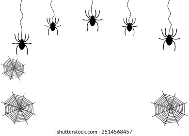 Spiders and webs in black color on white background . Blank space for text . Invitation, Halloween card