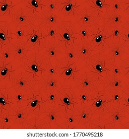 Spinnen und Netze auf rotem Hintergrund. Nahtloses Vektormuster. Kann für Halloween-Design verwendet werden