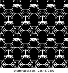 Spiders  and webs silhouettes. Halloween seamless pattern on black background, vector.