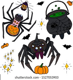 Spiders and witchs brew. Set of Halloween objects Isolated on white background.