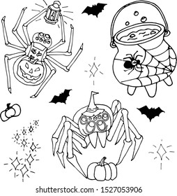 Spiders and witchs brew. Set of Halloween objects. Isolated on white background.