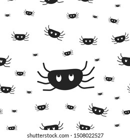 Spiders wrapping paper seamless pattern for Halloween greeting card. Simple paper cute spider texture, horror symbol, black vector illustration on white background.