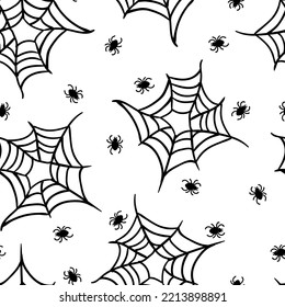Spiderweb black linear vector seamless pattern. Halloween texture. Monochrome spider web background.