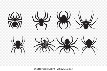 Teia de aranha com coleção de vetores de aranhas pretas, isolado no fundo branco, ilustração vetorial eps 10.