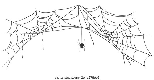 Spiderweb cartoon cobwebs for Halloween design. Vector illustration of hanging spider nets, ideal for dark spooky banners, decorations, or creepy party backdrops.