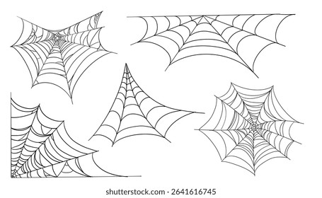 Spiderweb corner line border, gothic scary hanging net frame. Simple spooky halloween decoration. Cobweb spider trap.