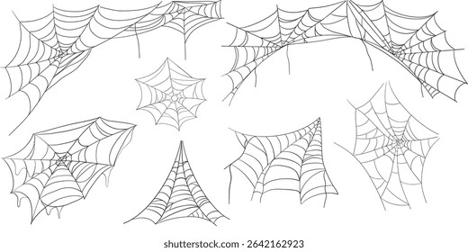 Spiderweb corner line border, gothic scary hanging net frame. Simple spooky halloween decoration. Cobweb spider trap.