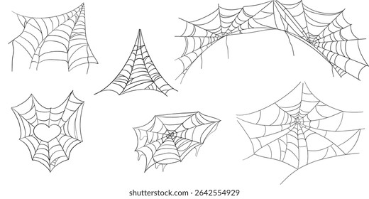 Spiderweb corner line border, gothic scary hanging net frame. Simple spooky halloween decoration. Cobweb spider trap.