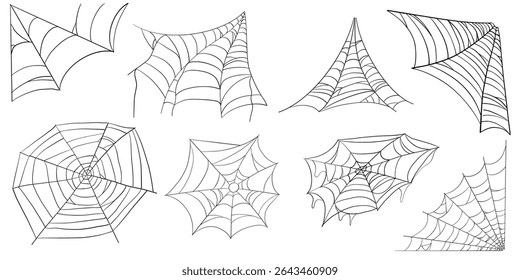 Spiderweb corner line border, gothic scary hanging net frame. Simple spooky halloween decoration. Cobweb spider trap.