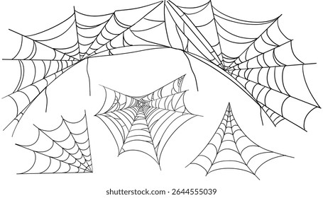 Spiderweb corner line border, gothic scary hanging net frame. Simple spooky halloween decoration. Cobweb spider trap.
