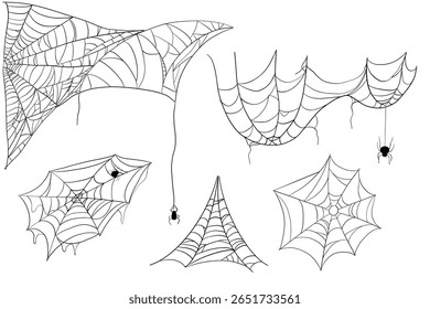 Spiderweb corner line border, gothic scary hanging net frame. Simple spooky halloween decoration. Cobweb spider trap.