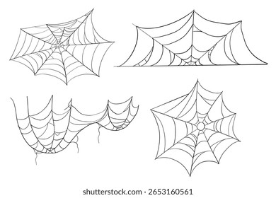 Spiderweb corner line border, gothic scary hanging net frame. Simple spooky halloween decoration. Cobweb spider trap.