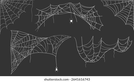 Spiderweb corner line white border, gothic scary hanging net frame on dark background. Simple spooky halloween decoration. Cobweb spider trap.